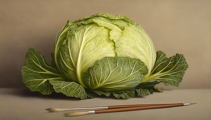 Canvas Print - Cabbage portrait with paintbrushes on table, for art tutorials or healthy eating campaigns