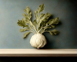 Canvas Print - Cabbage sculpture sits on shelf against textured wall, spotlight for use in art, design projects