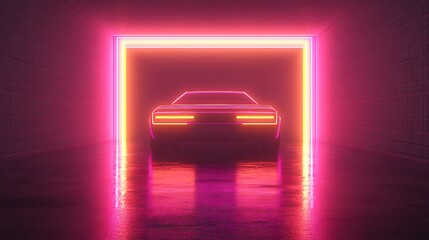 Sticker - Car in Neon Portal. Futuristic backdrop for automotive, cyberpunk, or tech concepts