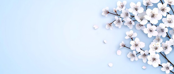 Wall Mural - Cherry blossom branches blooming against pale blue background with petals falling down. Use spring concept