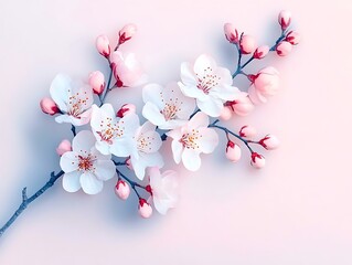 Wall Mural - Cherry blossom branch on light backdrop; romantic spring scene. Mockup for greeting cards