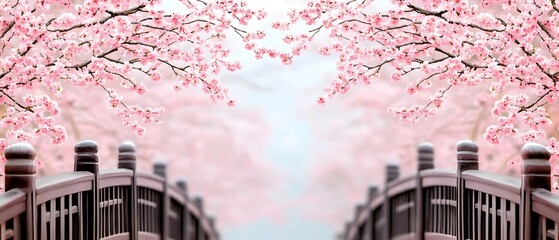 Poster - Cherry blossom over bridge. Blooms fill background. Serene scene