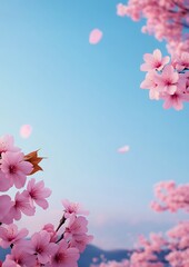 Poster - Cherry blossoms bloom against a clear sky, some petals falling, used for backgrounds or spring-themed content