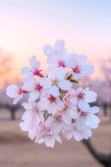 Poster - Cherry blossoms blooming at sunset in a park. Trees are blurred in the background for text overlay