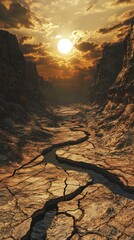 Wall Mural - Dramatic Sunset Over Arid Canyon with Cracked Earth Landscape