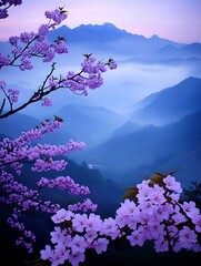 Canvas Print - Cherry blossoms blooming near misty mountains at dusk. Peaceful landscape scene, travel blog post use