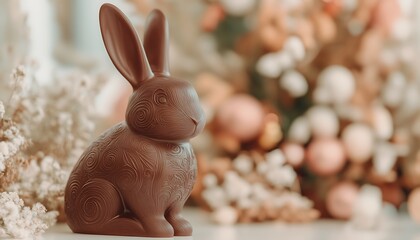 Wall Mural - Chocolate bunny sits. Easter eggs and floral decor in the background. Holiday celebration use