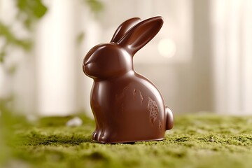 Wall Mural - Chocolate bunny sits on moss. Blurred foliage background for spring holiday, food ad