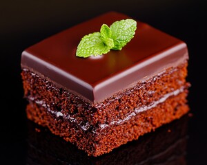 Wall Mural - Chocolate cake slice with mint on black background for dessert menu, bakery, and confectionary designs