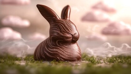 Wall Mural - Chocolate rabbit sits in grassy field, clouds in sky. Seasonal celebration, food photography