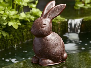 Wall Mural - Chocolate rabbit rests by pond. Foliage & small waterfall in background. Possible holiday gift