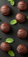 Wall Mural - Chocolate truffles with mint leaves scattered on a dark surface for desserts promo