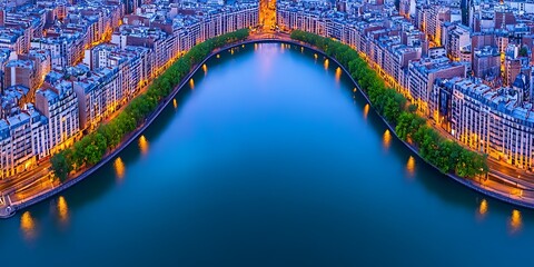 Wall Mural - Cityscape aerial view of river winding at twilight in a city setting, for urban planning, tourism etc.