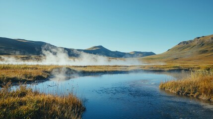 Wall Mural - Serene Landscape with Fog Over Calm Water and Mountain Background