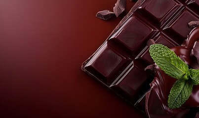 Wall Mural - Dark chocolate, melted, with mint on brown backdrop for dessert ads and culinary illustrations