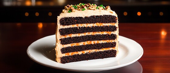 Wall Mural - Delicious layered chocolate cake slice on a table with blurry restaurant lights background for celebration or events