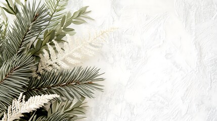 Wall Mural - Winter greenery flatlay, marble background