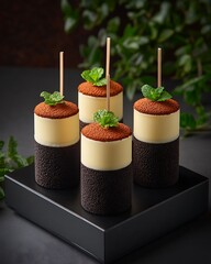 Wall Mural - Dessert bites on tray. Lush greens in background imply freshness, healthy diet context, catering ads