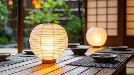 Wall Mural - Cozy Japanese Dining Room with Lanterns and Natural Elements