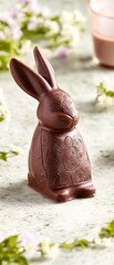 Wall Mural - Easter chocolate bunny sitting, flowers & drink background. Spring holiday treat