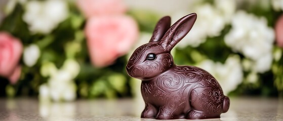 Wall Mural - Easter chocolate bunny sits, flowers bloom behind it for Spring celebration, holiday greeting