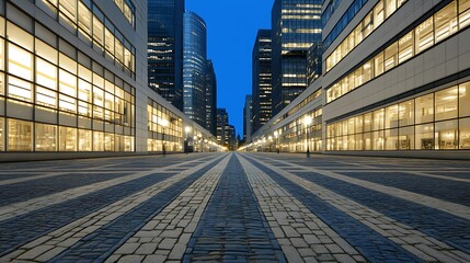 Wall Mural - Empty plaza with office lights at twilight. Urban planning, investment, cityscape concepts