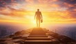 © Avrilin - Businessman with case ascends steps toward golden sky, with cityscape beneath, representing success