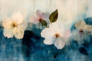 Wall Mural - Floral painting featuring white blossoms against a blurred, mottled blue backdrop for art prints