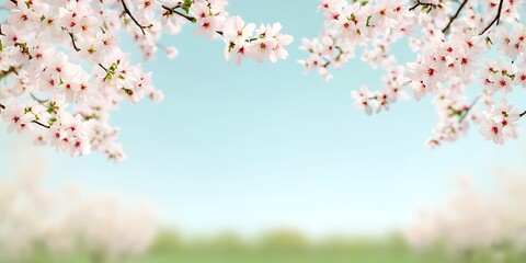 Poster - Flowering tree with blue sky and blurred meadow background, suitable for cards or web design