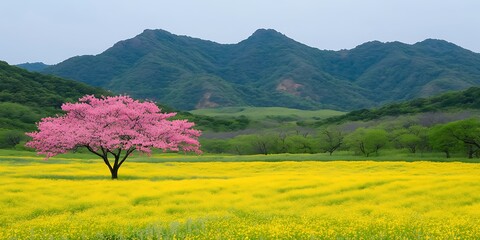 Canvas Print - Flowering tree blooms in yellow field under mountains. Serene spring landscape. For cards/nature site