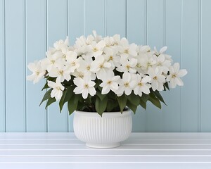 Poster - Flowers blooming in pot on table. Blue wood backdrop for spring themes, gardening blogs, or nature publications