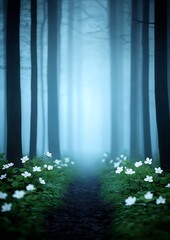 Poster - Flowers bloom on trail in forest, fog. Mystical background image for fairytale, fantasy, or dreamscape