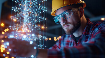 Poster - Innovative engineer working with holographic technology in modern workspace, showcasing creativity and technical skills. atmosphere is dynamic and futuristic