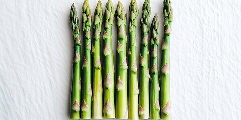 Poster - Fresh asparagus on a white textured surface for healthy eating and cooking concepts, closeup overhead shot