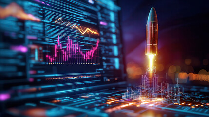 Fototapete - digital rocket simulation launching from control station, showcasing advanced technology and data visualization. scene is vibrant and futuristic, highlighting innovation