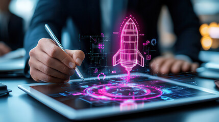 Aufkleber - Innovative concept of futuristic space startup with digital rocket design. person sketches on tablet, showcasing advanced technology and creativity in aerospace