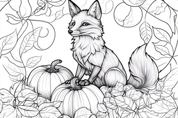 Wall Mural - Fox among pumpkins, autumn leaves; fall coloring page (1)