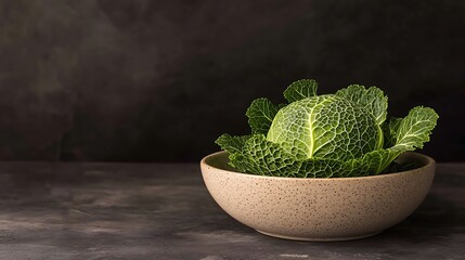 Canvas Print - Fresh savoy cabbage in a bowl on dark surface