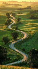 Wall Mural - Serene Curving Road Through Lush Green Landscape at Sunset