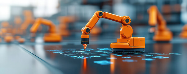 Poster - Automated robotic arm working on smart factory floor, showcasing advanced technology and efficiency in manufacturing processes