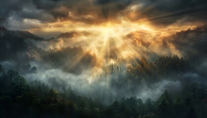 Leinwandbilder - Low-angle view of a dense forest canopy during a foggy morning, with sunlight streaming through the mist to create ethereal beams of light