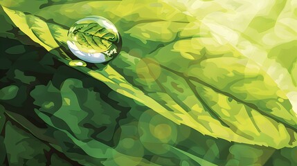 Poster - Close-up of a drop of water resting on a vibrant green leaf, reflecting the surrounding environment like a tiny mirror under soft natural light