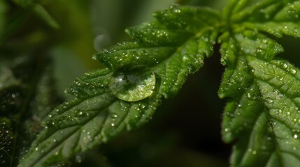 Poster - Close-up of a drop of water resting on a vibrant green leaf, reflecting the surrounding environment like a tiny mirror under soft natural light