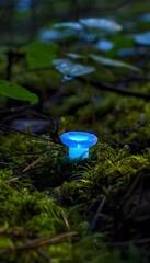 Poster - Close-up of a single glowing bioluminescent mushroom in a dark forest, its soft blue light illuminating the surrounding moss and shadows