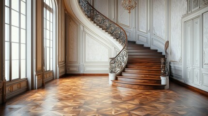 Wall Mural - Elegant Interior of Historic Mansion with Spiral Wooden Staircase