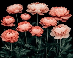 Wall Mural - Group of Pink Ranunculus Flowers Blooming on Black Backdrop. Elegant flora for spring greeting cards