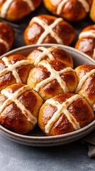 Wall Mural - Hot cross buns in a bowl, baked, on tabletop. Serving for breakfast