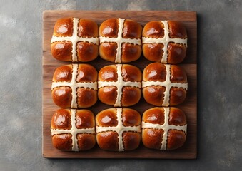 Hot cross buns displayed on wood. Baking, breakfast, or Easter background