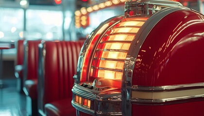 Aufkleber - Side view of a retro diner interior, showcasing bold red booths, chrome accents, and a glowing jukebox casting warm light