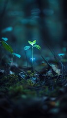 Poster - Close-up shot of a single glowing bioluminescent plant in a dark forest, casting soft blue and green light
